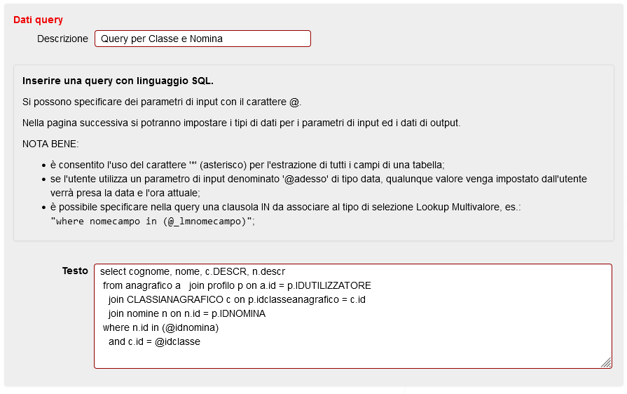 esempioQueryClasseNomina